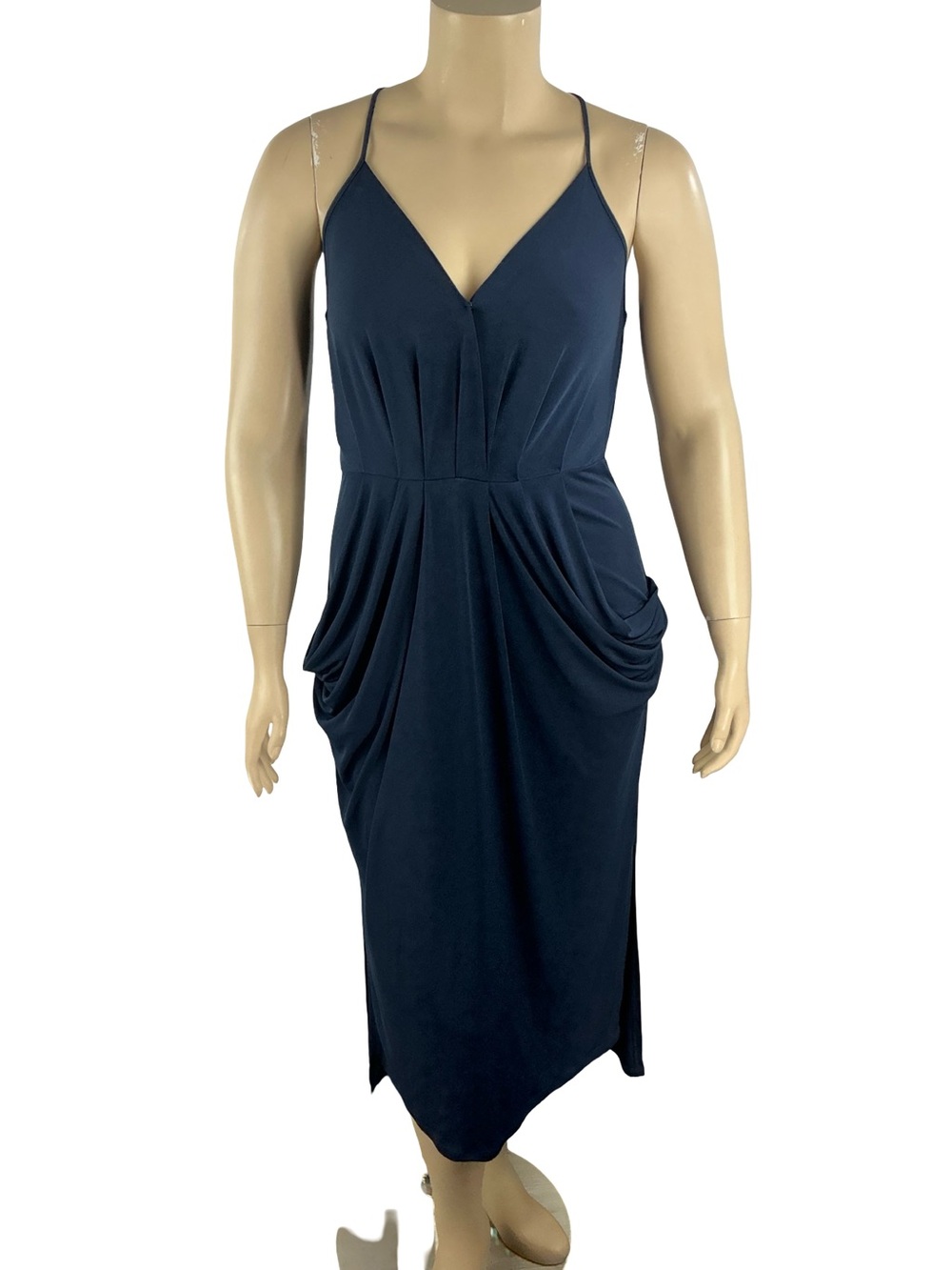 BCBGeneration Faux-Wrap Midi Dress Navy Cocktail Wedding Guest Size L - Picture 2 of 8